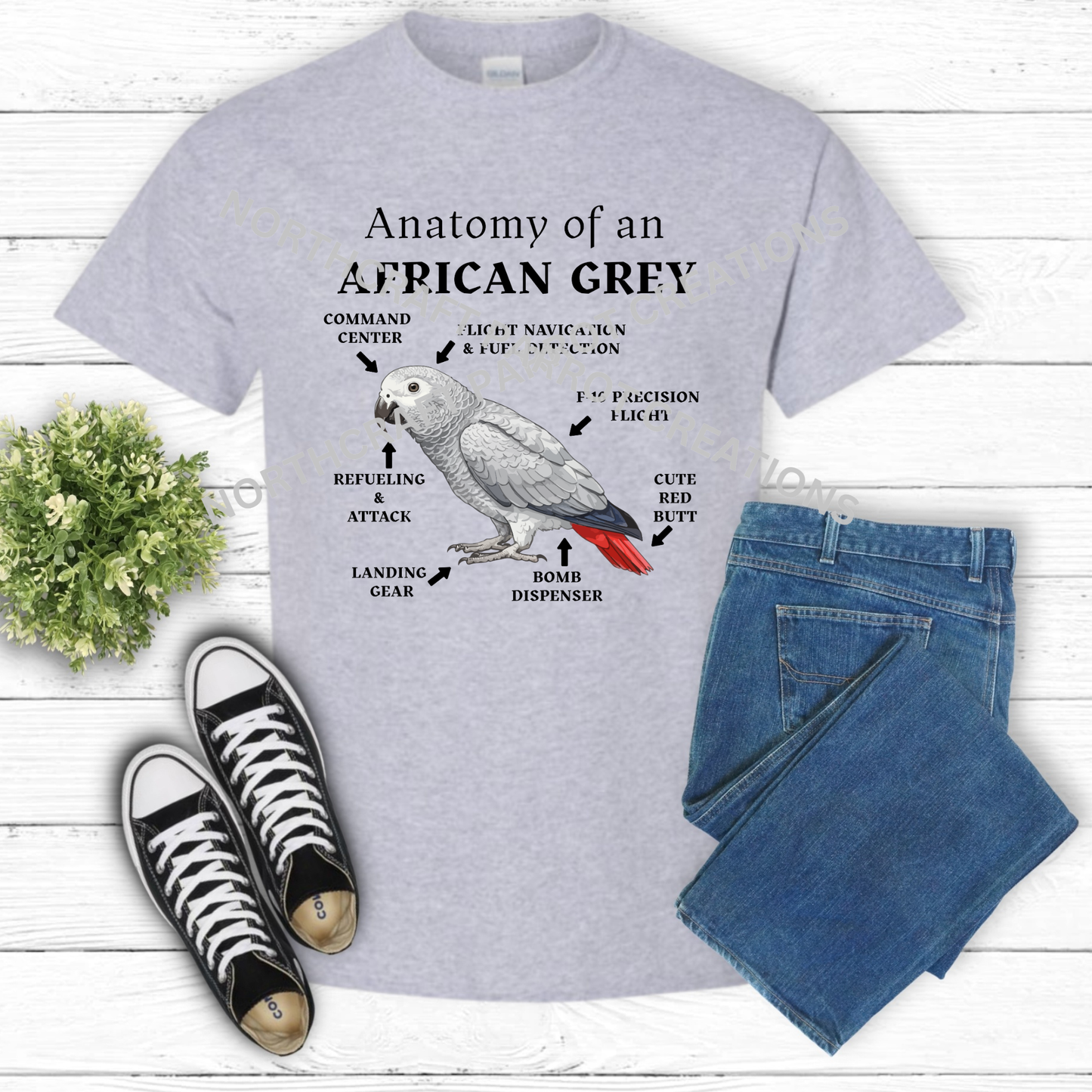 African Grey "Anatomy of an African Grey" Descriptive Labels 100% Cotton Parrot Shirt
