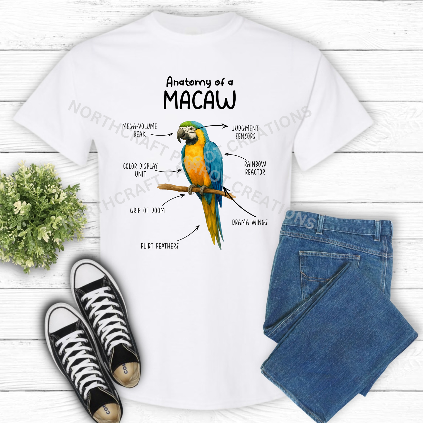 Blue and Gold Macaw "Anatomy of a Macaw" Descriptive Labels 100% Cotton Parrot Shirt