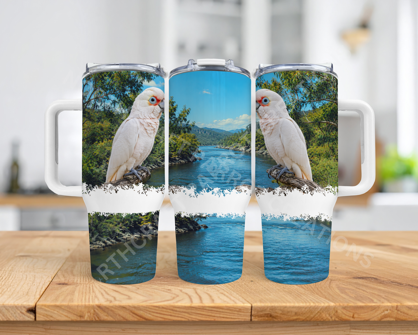 Bare Eyed Cockatoo on Branch Over Stream 40oz Stainless Steel Parrot Tumbler