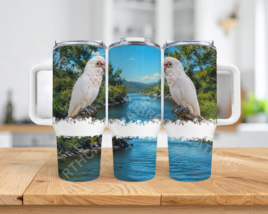 Bare Eyed Cockatoo on Branch Over Stream 40oz Stainless Steel Parrot Tumbler