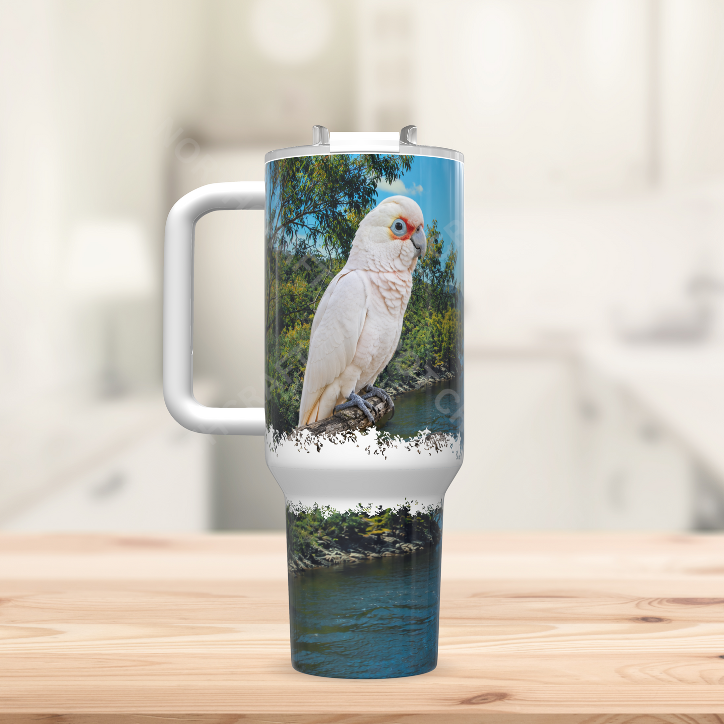 Bare Eyed Cockatoo on Branch Over Stream 40oz Stainless Steel Parrot Tumbler