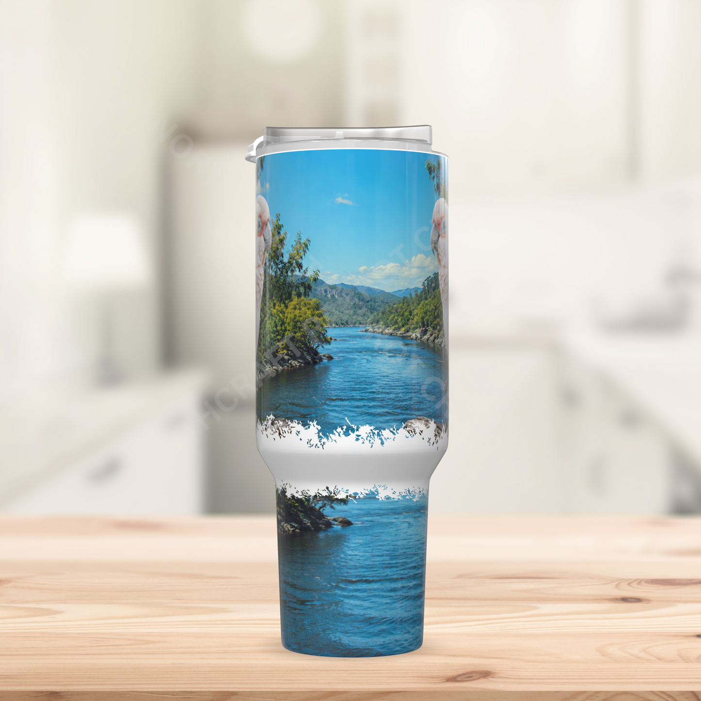 Bare Eyed Cockatoo on Branch Over Stream 40oz Stainless Steel Parrot Tumbler