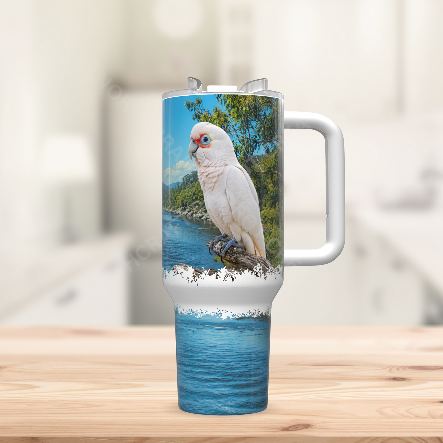 Bare Eyed Cockatoo on Branch Over Stream 40oz Stainless Steel Parrot Tumbler