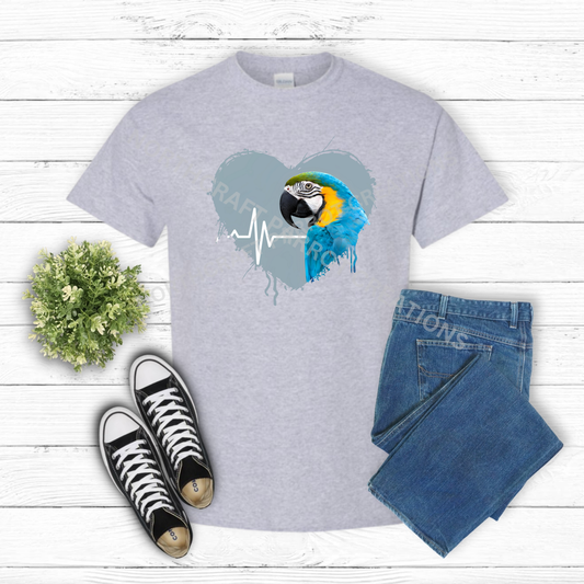 Blue and Gold Macaw in heart with heartbeat line 100% Cotton Shirt