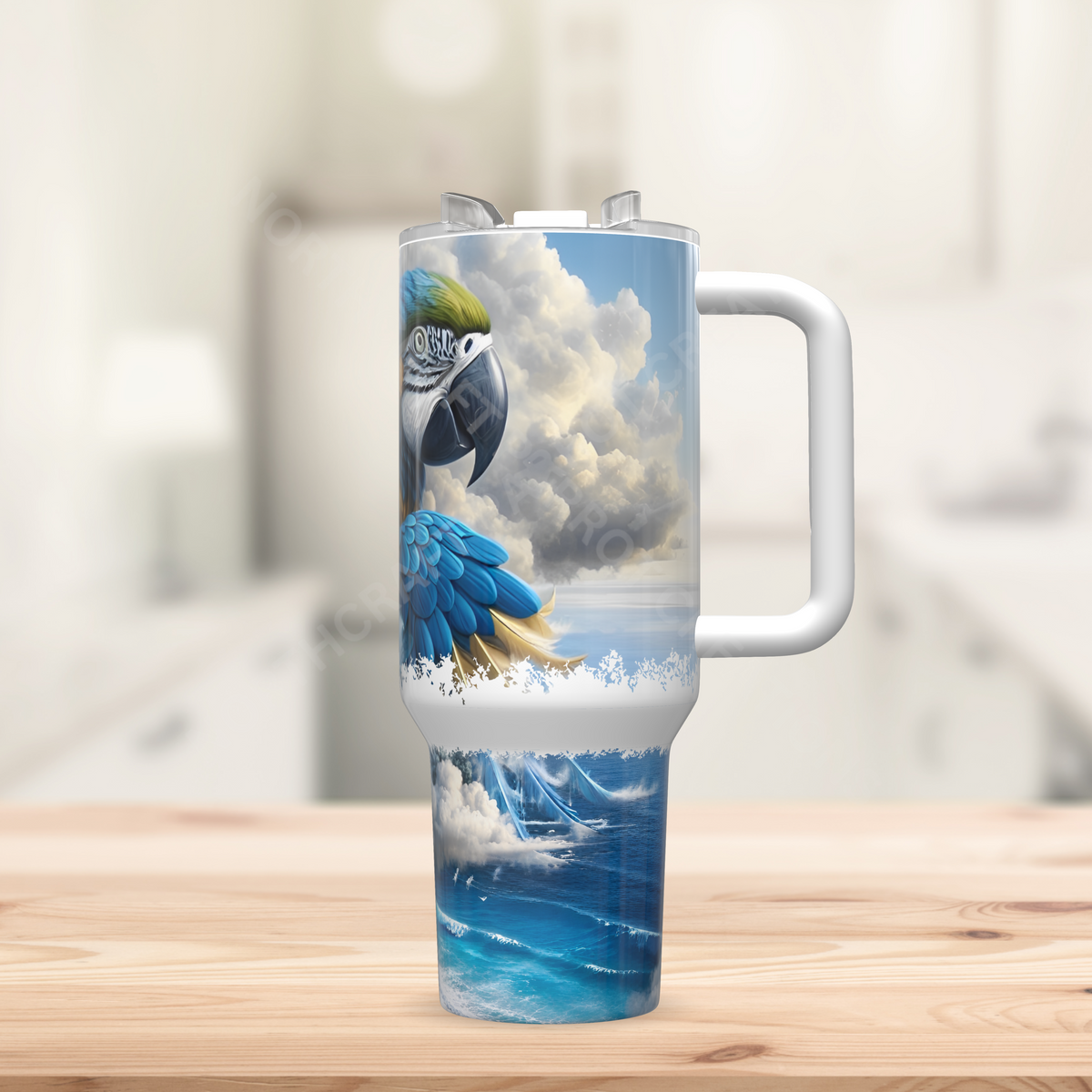 Blue and Gold Macaw Merging in to Ocean and Clouds 40oz Stainless Steel Tumbler