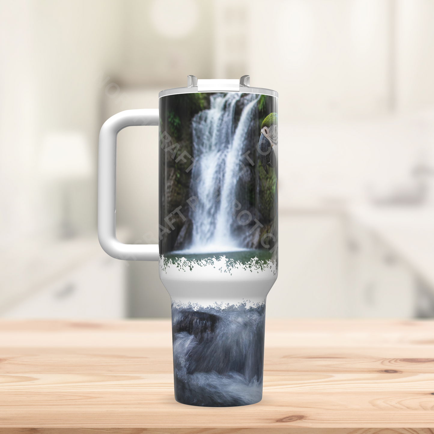 Blue and Gold Macaw on Branch with Waterfall 40oz Stainless Steel Parrot Tumbler