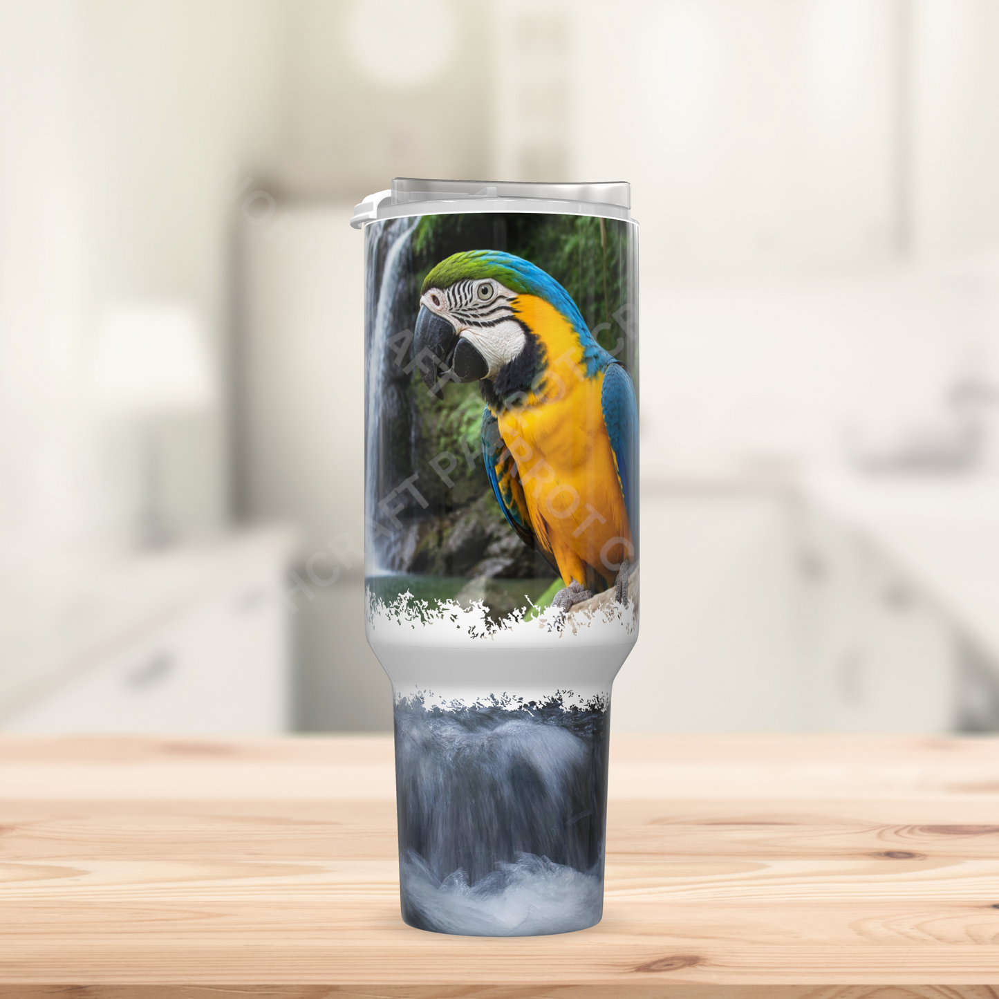 Blue and Gold Macaw on Branch with Waterfall 40oz Stainless Steel Parrot Tumbler