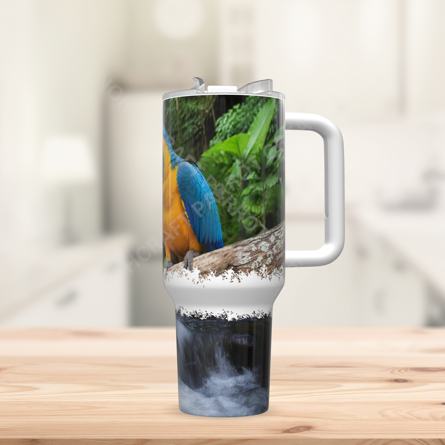 Blue and Gold Macaw on Branch with Waterfall 40oz Stainless Steel Parrot Tumbler