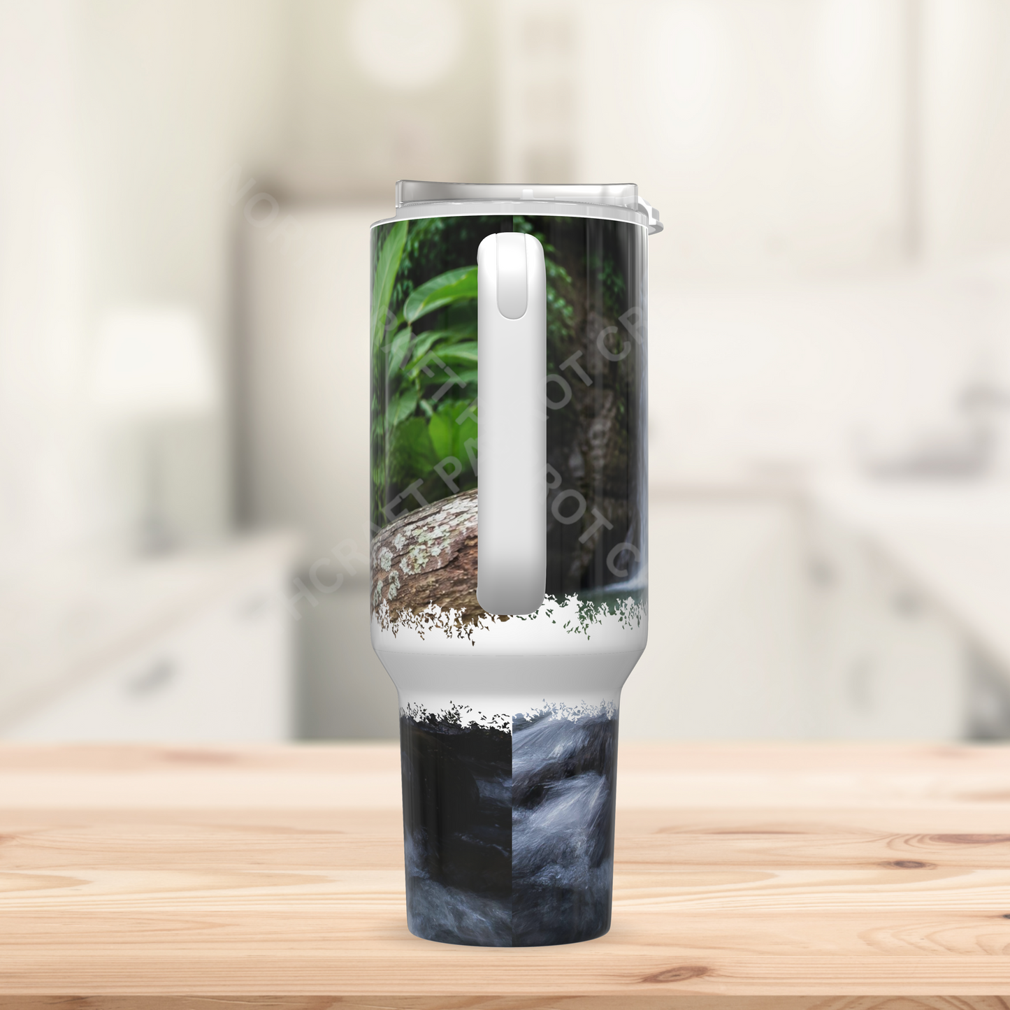 Blue and Gold Macaw on Branch with Waterfall 40oz Stainless Steel Parrot Tumbler