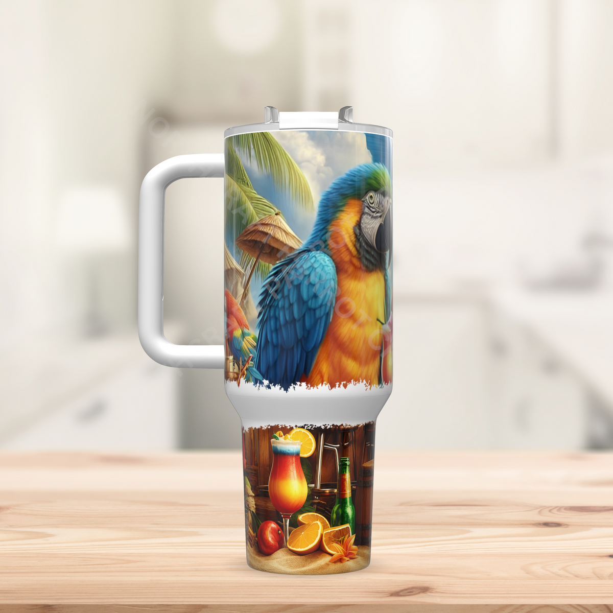 Blue and Gold Macaw Pair Sitting at Tiki Bar 40oz Stainless Steel Tumbler