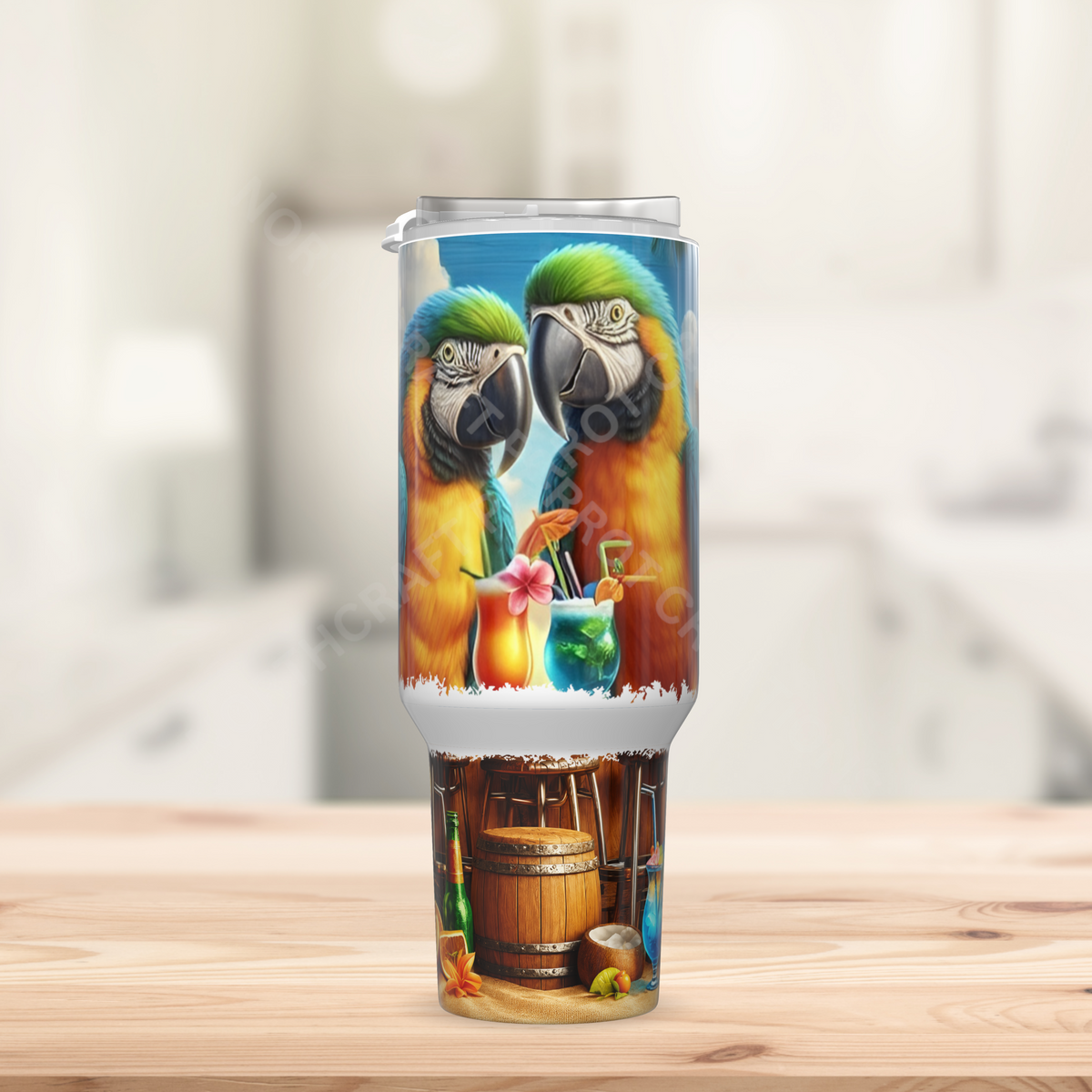 Blue and Gold Macaw Pair Sitting at Tiki Bar 40oz Stainless Steel Tumbler