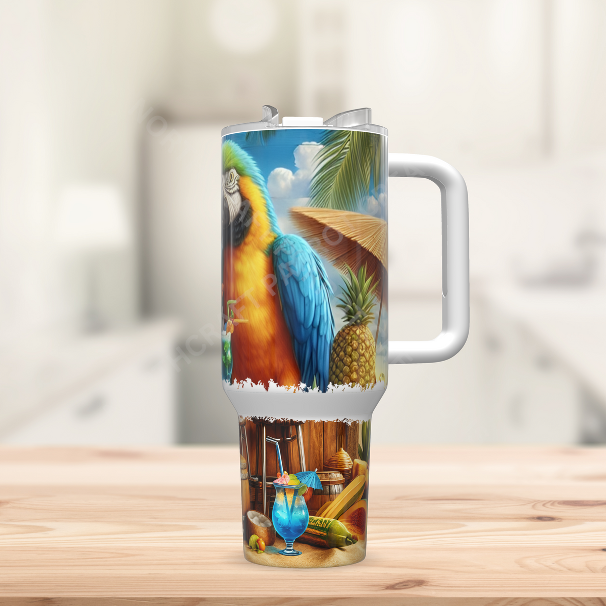 Blue and Gold Macaw Pair Sitting at Tiki Bar 40oz Stainless Steel Tumbler