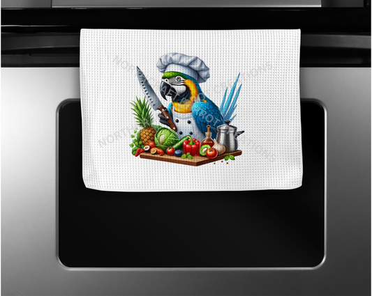 Blue and Gold Macaw Holding a Knife Microfiber Kitchen Towel