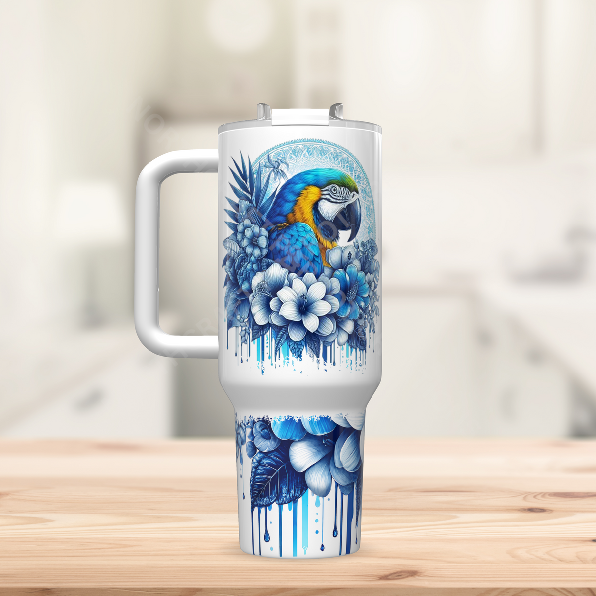 Blue and Gold Macaw with Blue Flowers 40oz Stainless Steel Tumbler