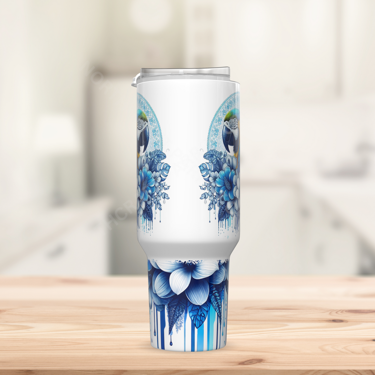Blue and Gold Macaw with Blue Flowers 40oz Stainless Steel Tumbler