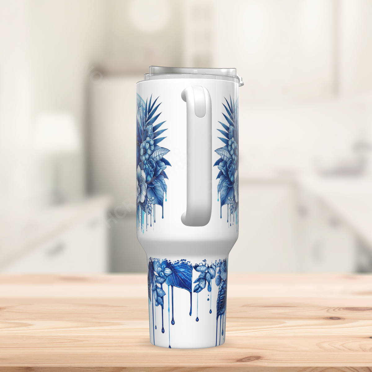 Blue and Gold Macaw with Blue Flowers 40oz Stainless Steel Tumbler