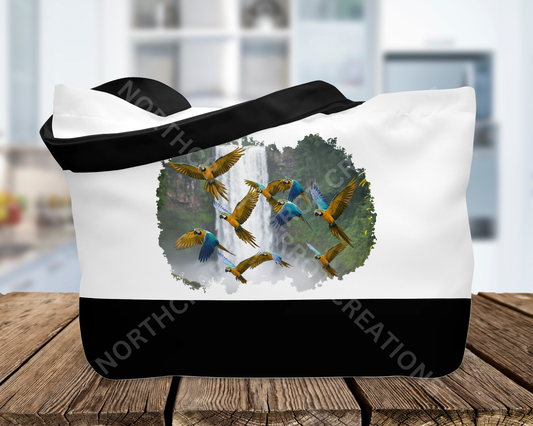 Blue and Gold Macaw Flock Flying by a Waterfall Canvas Tote Bag