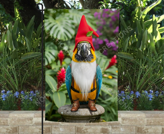 Blue and Gold Macaw dressed as Garden Gnome with Red Hat Garden Flag