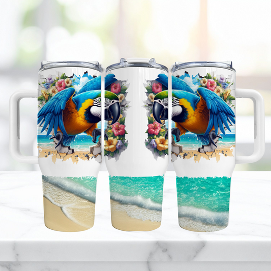 Blue and Gold Macaw Breaking through a Wall 40oz Tumbler