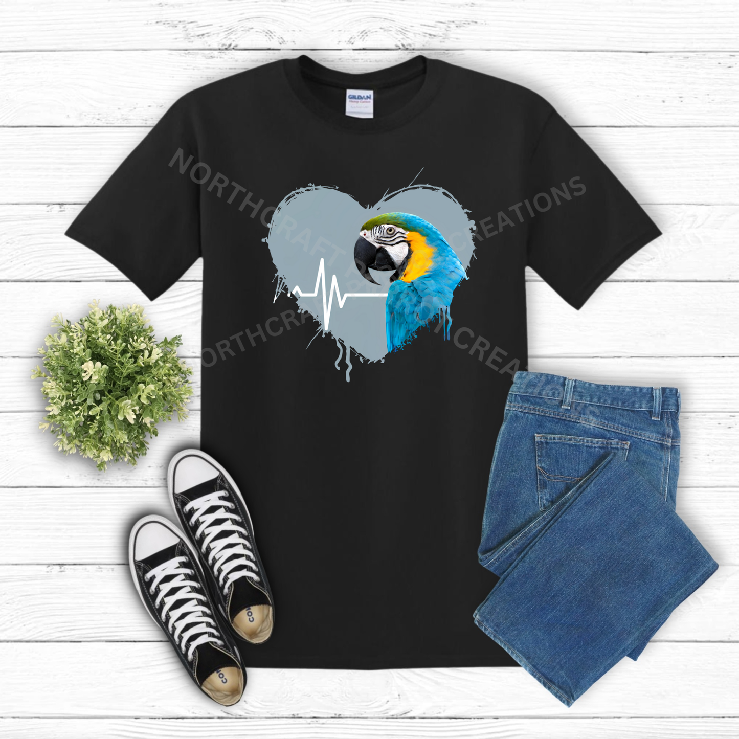Blue and Gold Macaw in heart with heartbeat line 100% Cotton Shirt