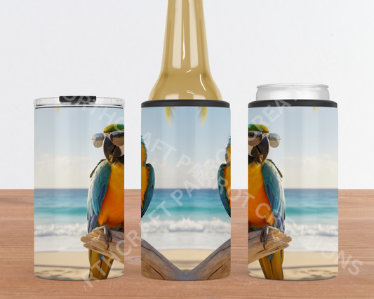 Blue and Gold Macaw on Stump at Beach 4-in-1 Stainless Steel Can Cooler
