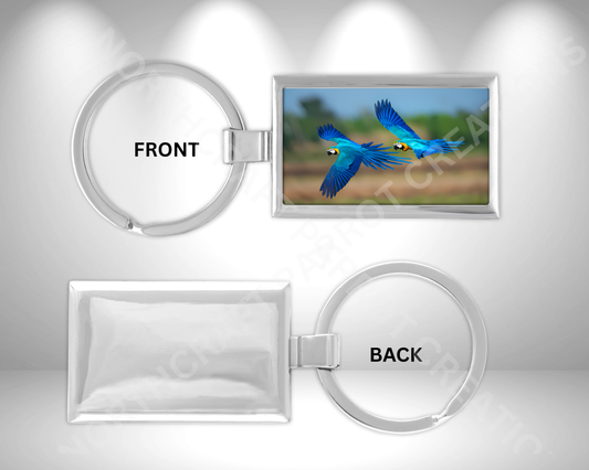 Blue and Gold Macaw Pair Flying Rectangle Metal Keychain