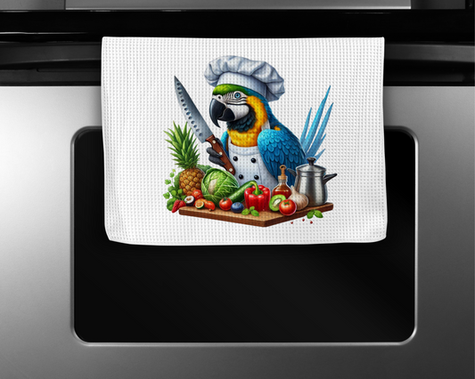 Blue and Gold Macaw Holding a Knife Microfiber Kitchen Towel