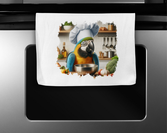 Blue and Gold Macaw with Mixing Bowl Microfiber Kitchen Towel