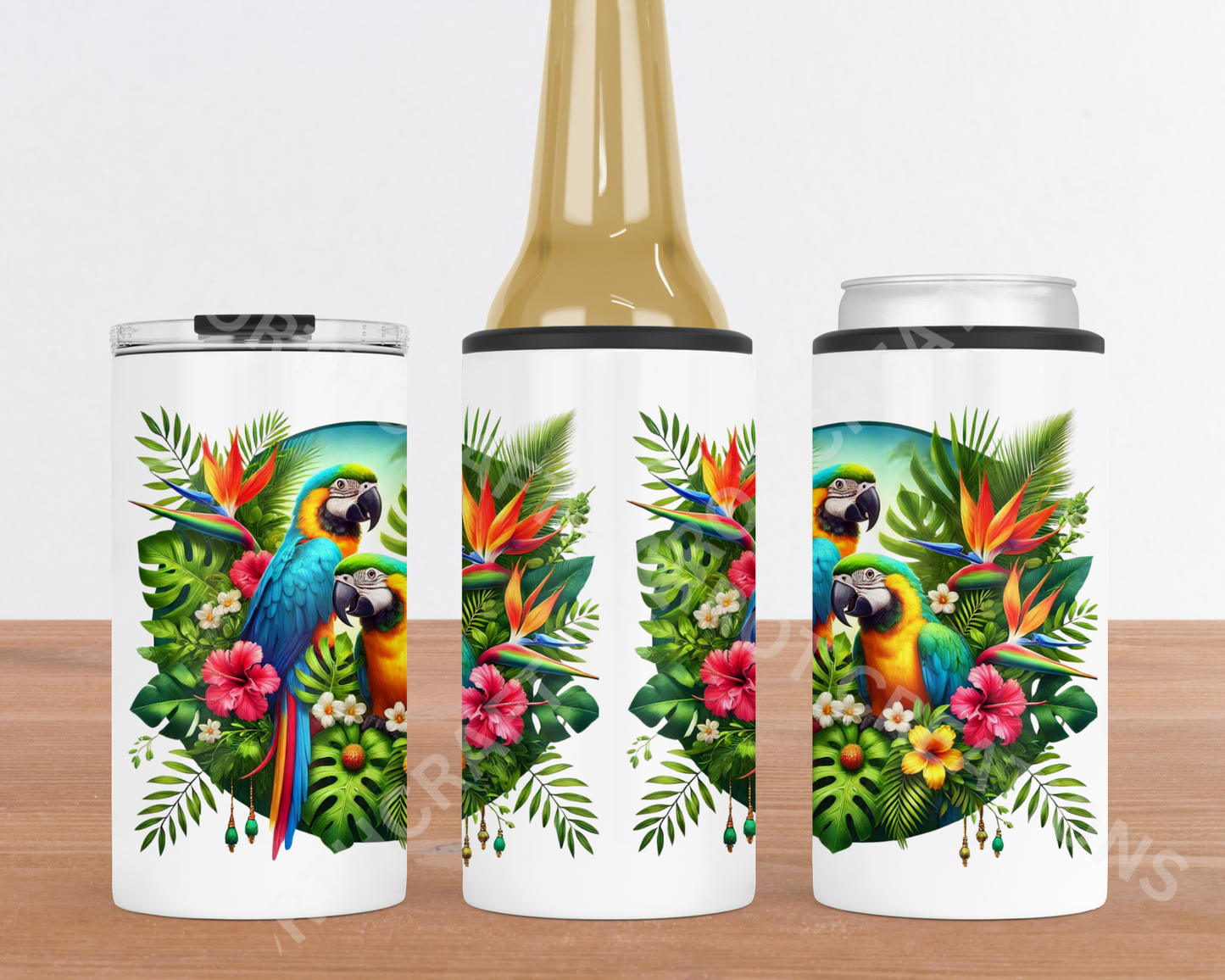 Blue and Gold Macaw in Flowers 4-in-1 Stainless Steel Can Cooler