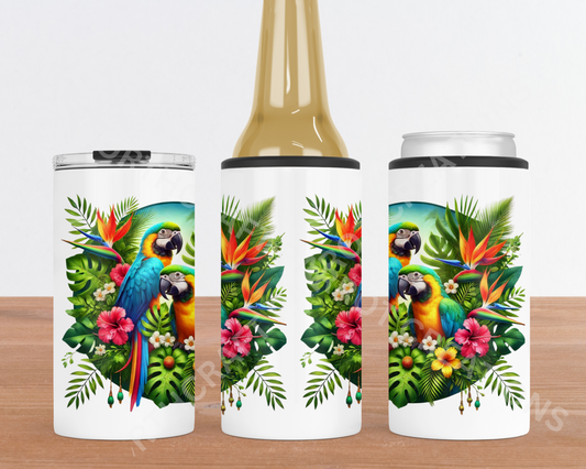 Blue and Gold Macaw in Flowers 4-in-1 Stainless Steel Can Cooler