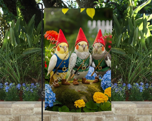 Cockatiel Trio dressed as Gnomes fishing garden flag