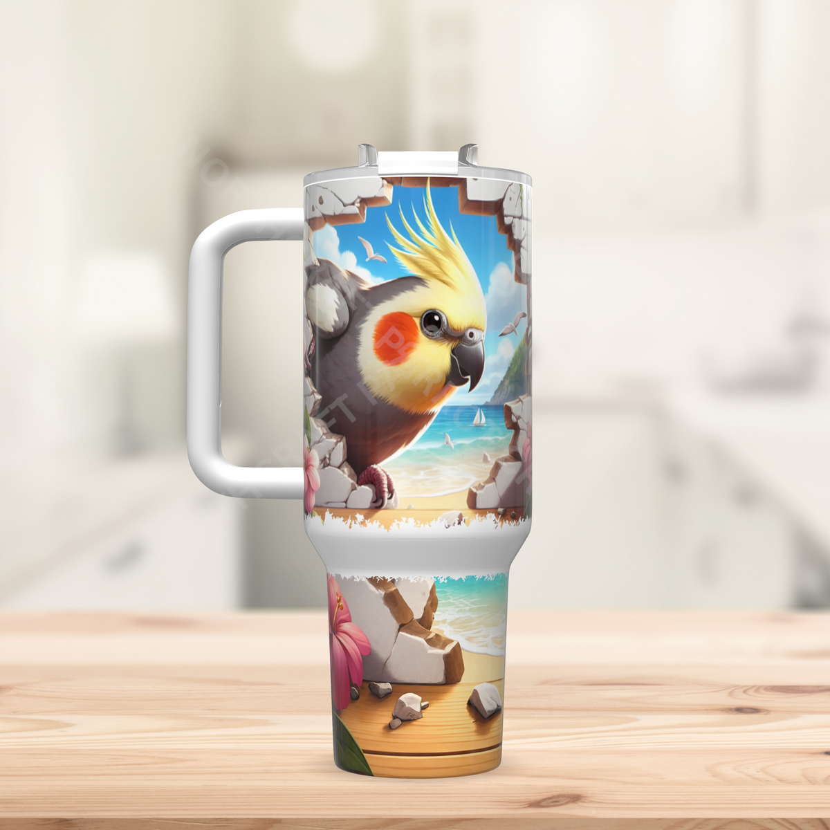 Cockatiel Breaking Through Wall on Beach 40oz Stainless Steel Tumbler
