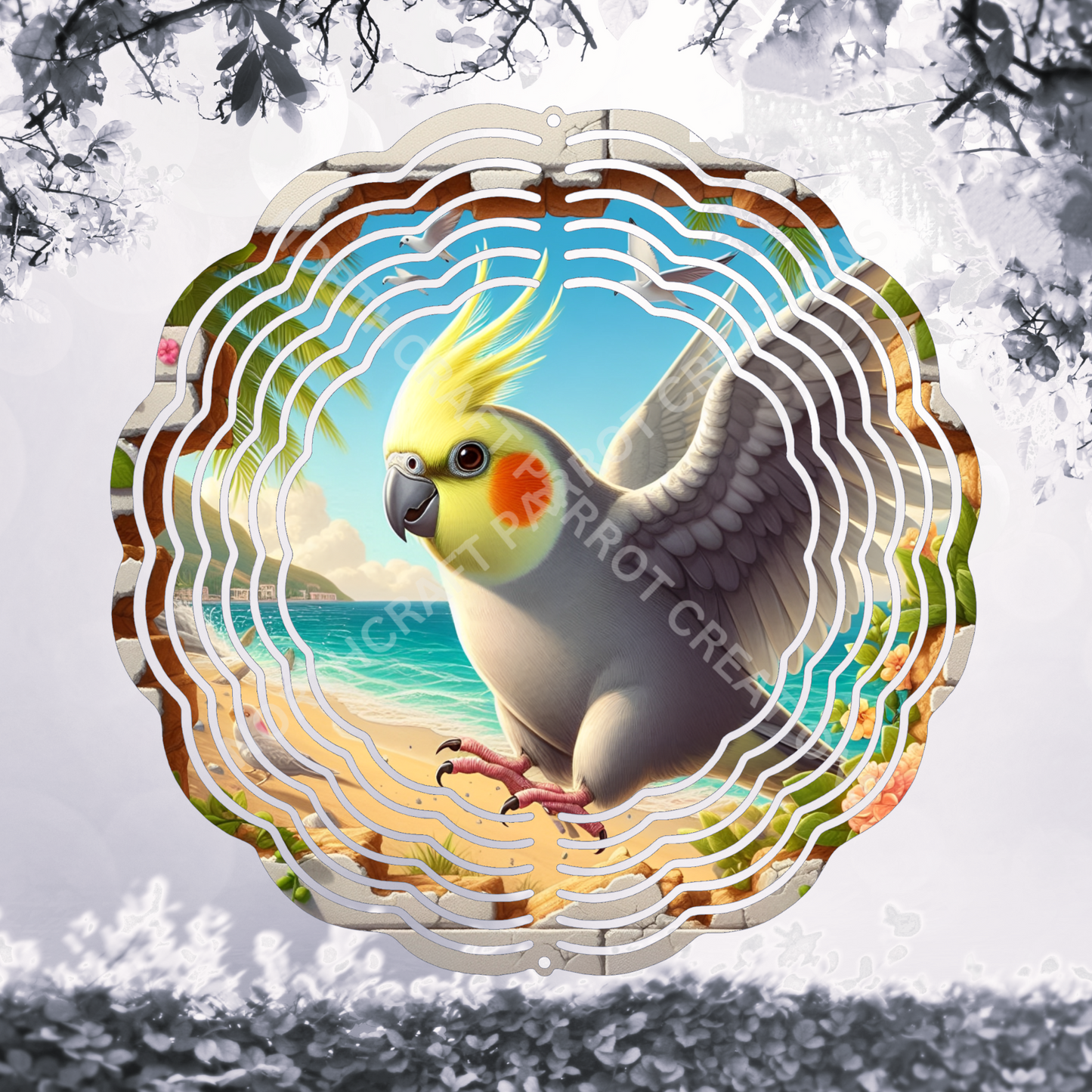 Cockatiel Hole in Wall Beach Scene 8" or 10" Wind Spinner