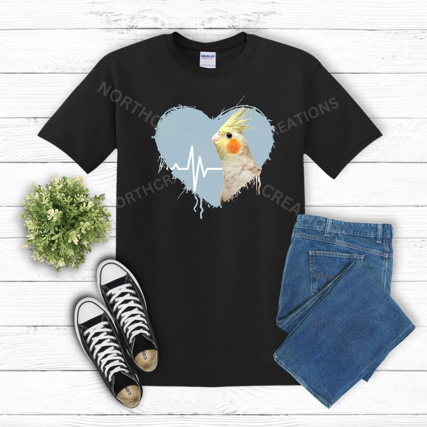 Cockatiel in heart with heartbeat line 100% Cotton Shirt