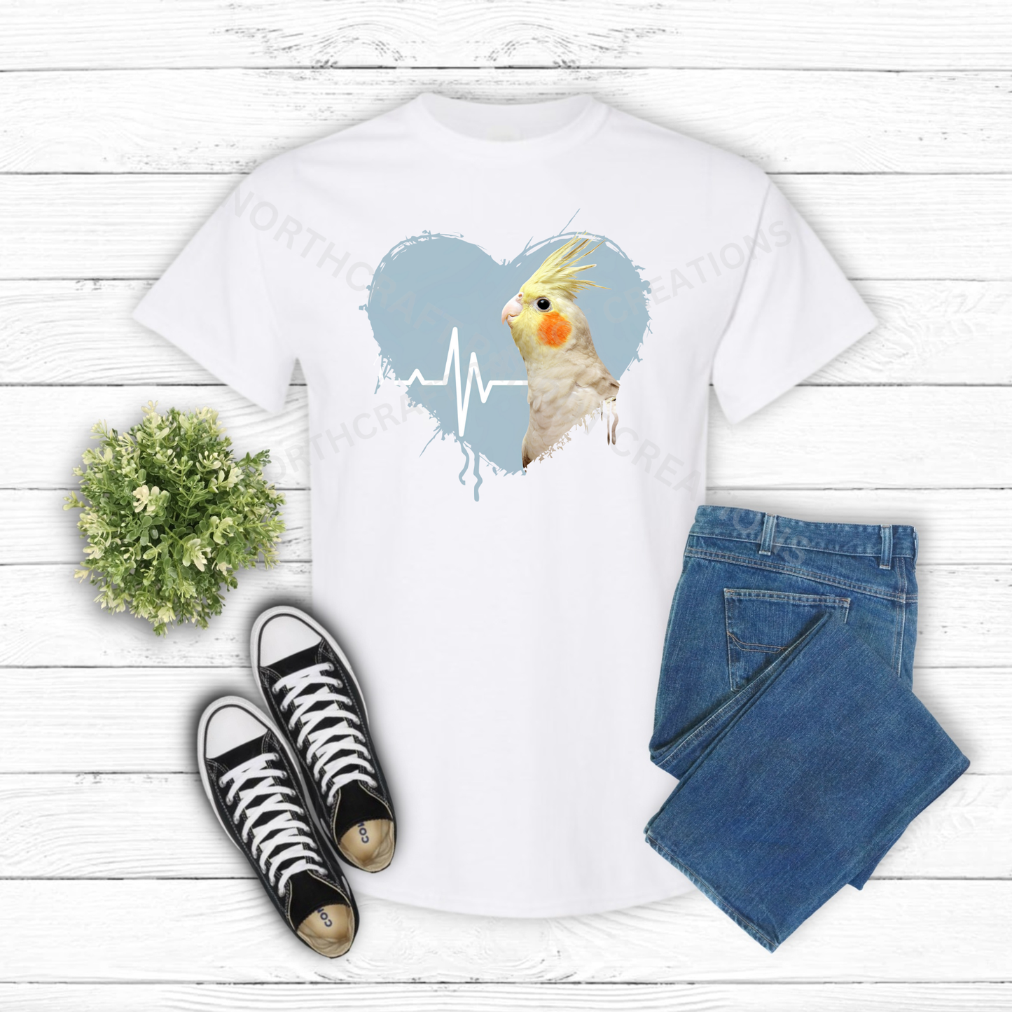Cockatiel in heart with heartbeat line 100% Cotton Shirt