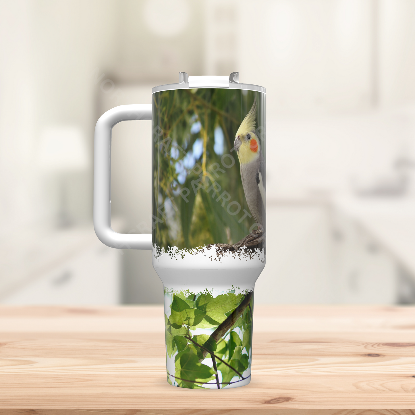Cockatiel on branch in Nature Setting 40oz Stainless Steel Parrot Tumbler