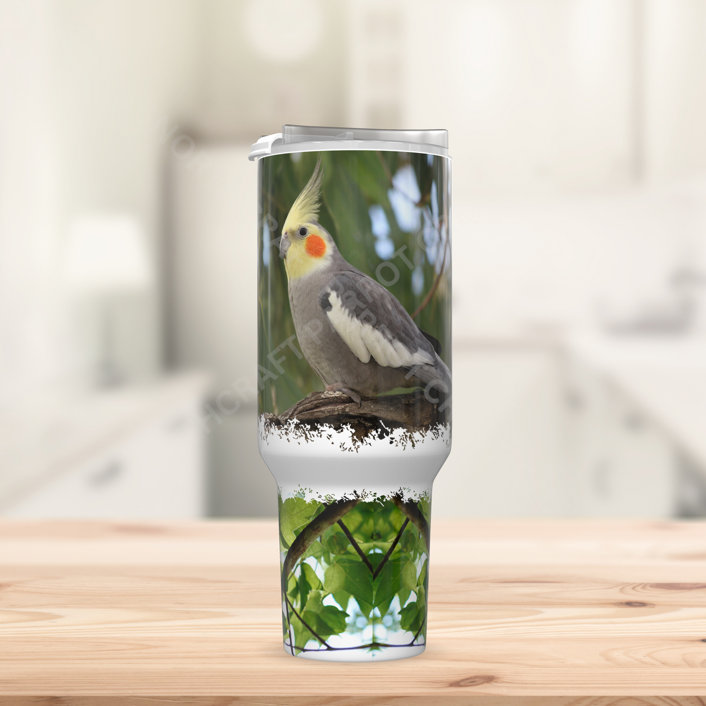 Cockatiel on branch in Nature Setting 40oz Stainless Steel Parrot Tumbler