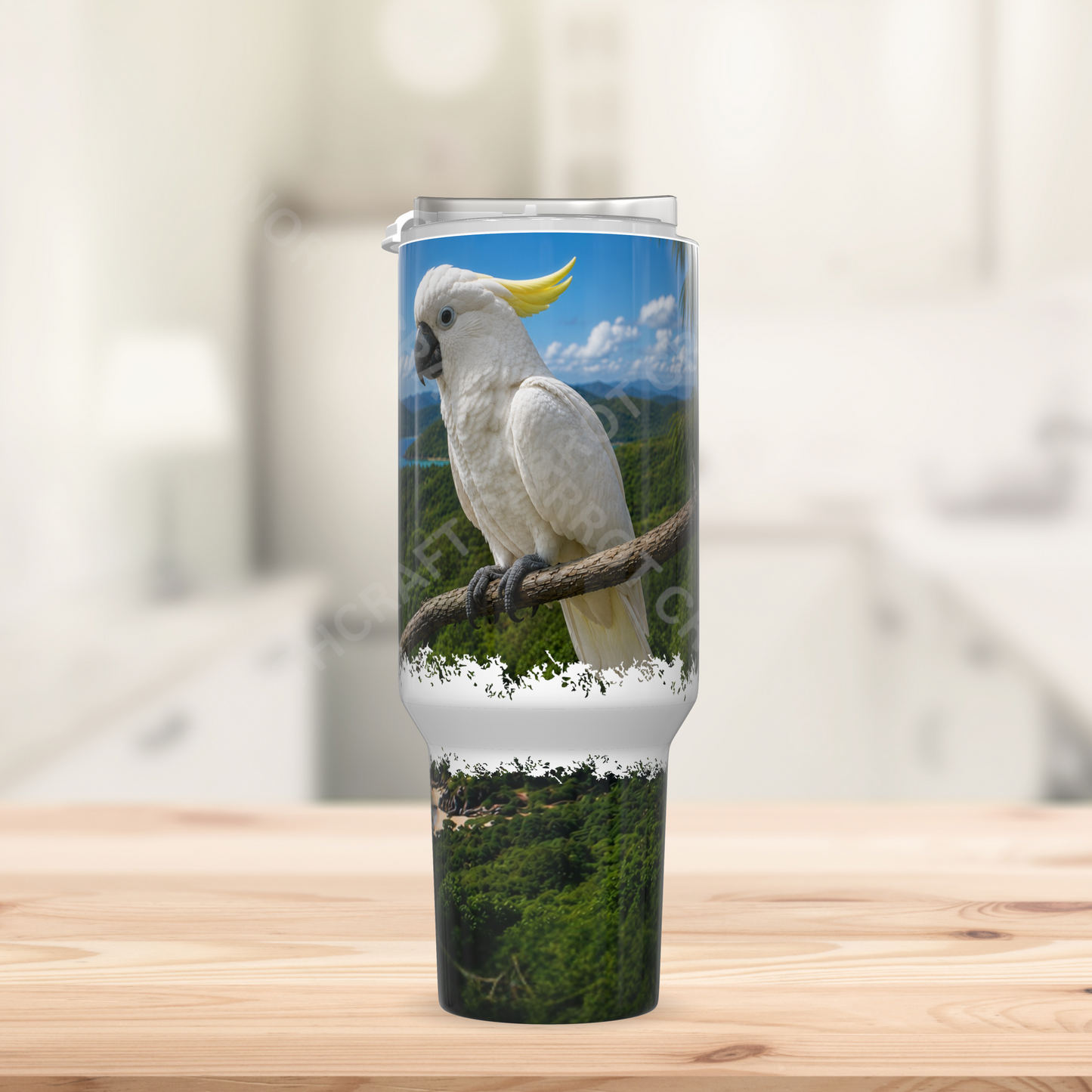 Cockatoo with Ocean Overview, Nature Setting 40oz Stainless Steel Parrot Tumbler