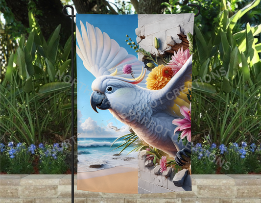 Cockatoo Flying Out a Wall Beach Theme Garden Flag