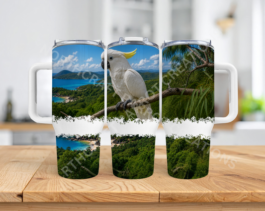 Cockatoo with Ocean Overview, Nature Setting 40oz Stainless Steel Parrot Tumbler