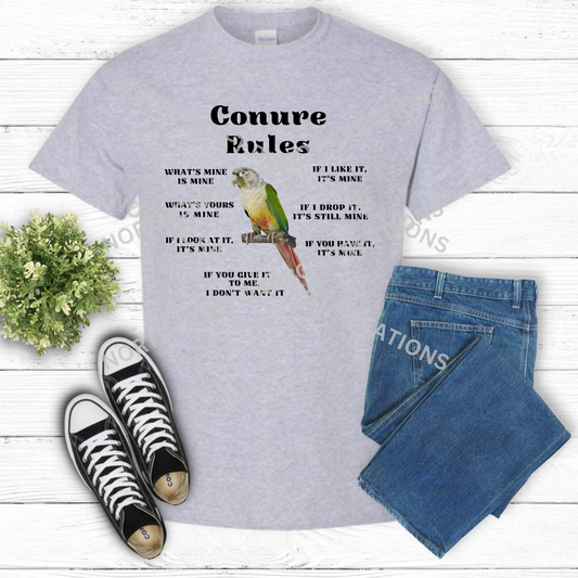 Conures Rule with Playful Descriptive Labels 100% Cotton Parrot Shirt