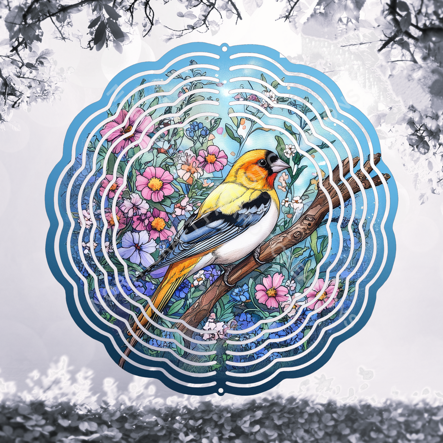 Finch in a Floral Blue Background 8" or 10" Wind Spinner