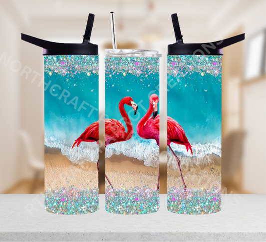 Flamingo Pair on Shimmer Effect Beach 20oz or 30oz Tumbler