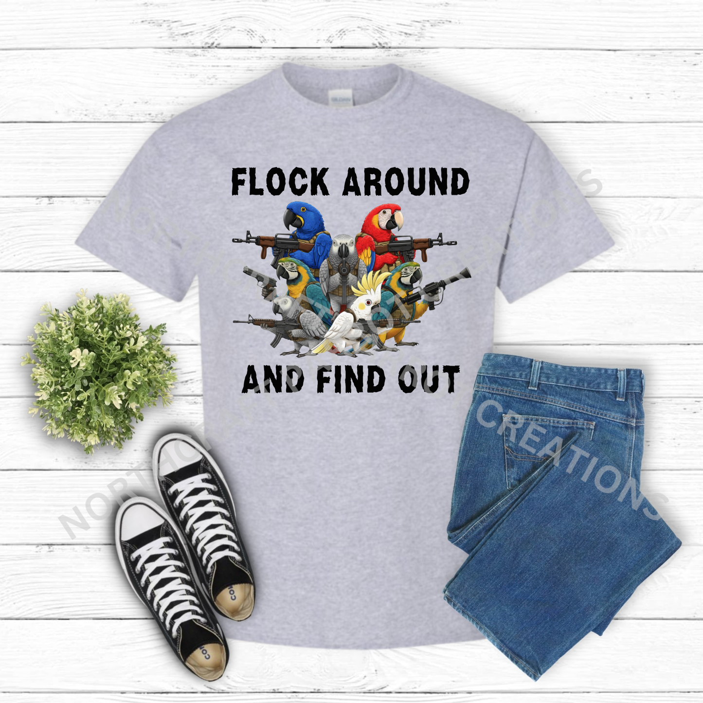 "Flock Around and Find Out" Armed Parrots 100% Cotton Shirt