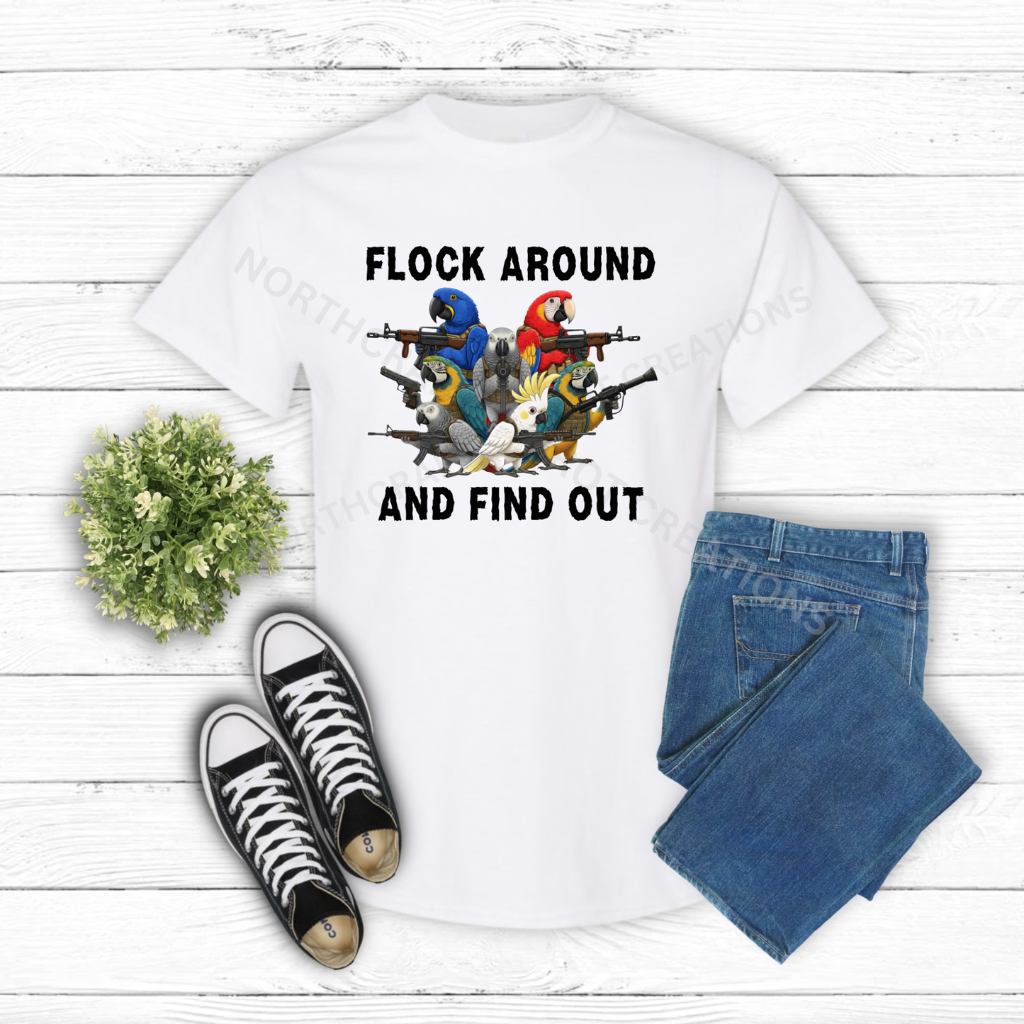 "Flock Around and Find Out" Armed Parrots 100% Cotton Shirt