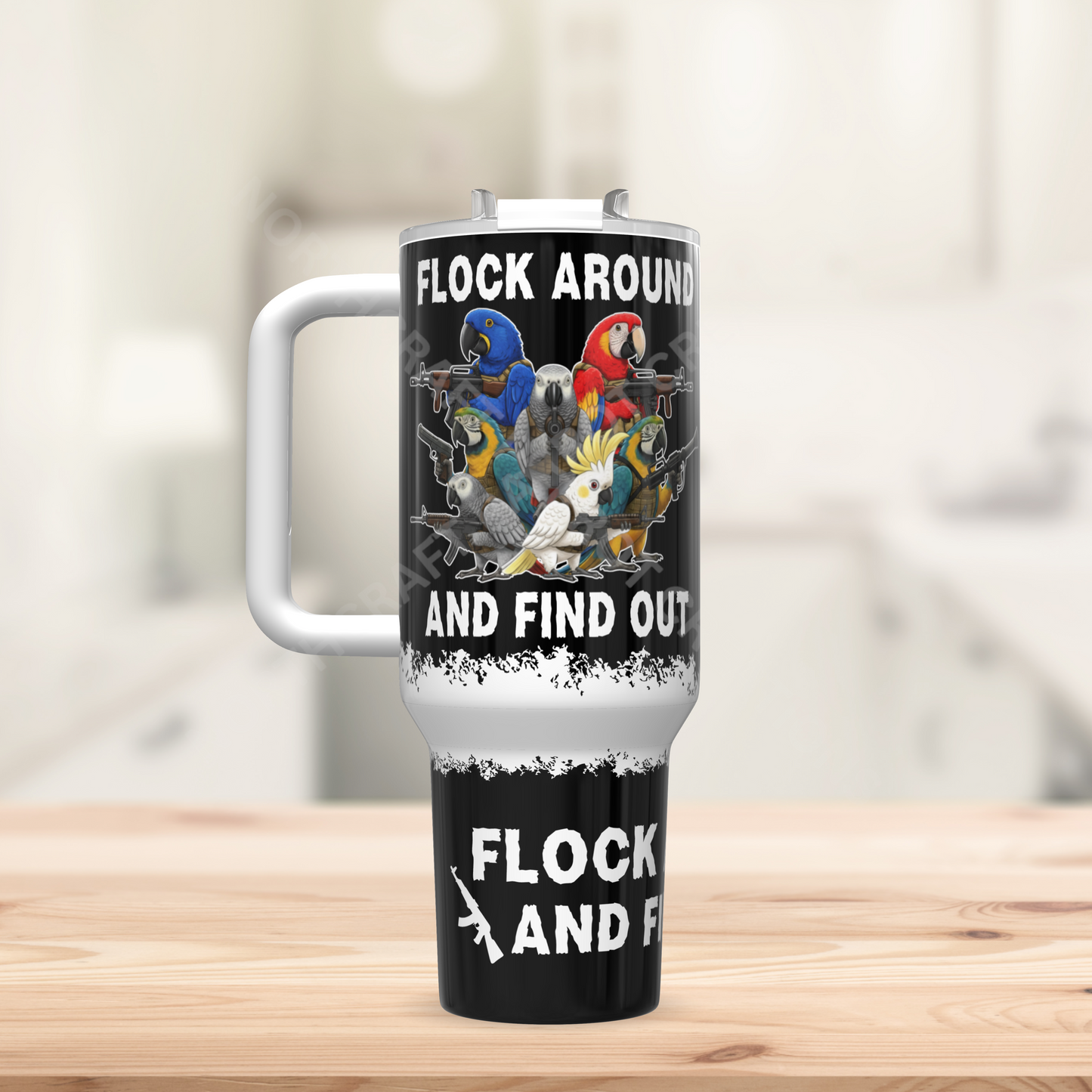 "Flock Around and Find Out" Armed Parrots Black 40oz Stainless Steel Tumbler
