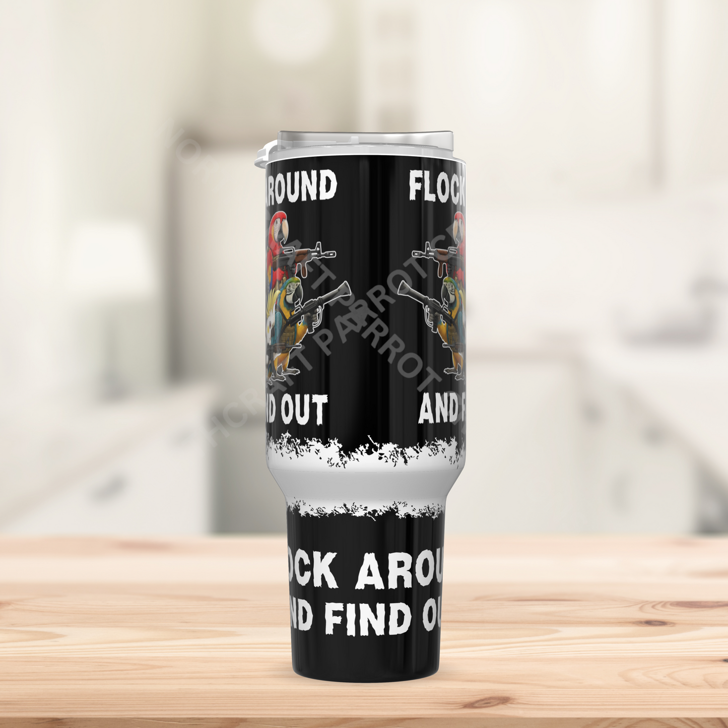 "Flock Around and Find Out" Armed Parrots Black 40oz Stainless Steel Tumbler