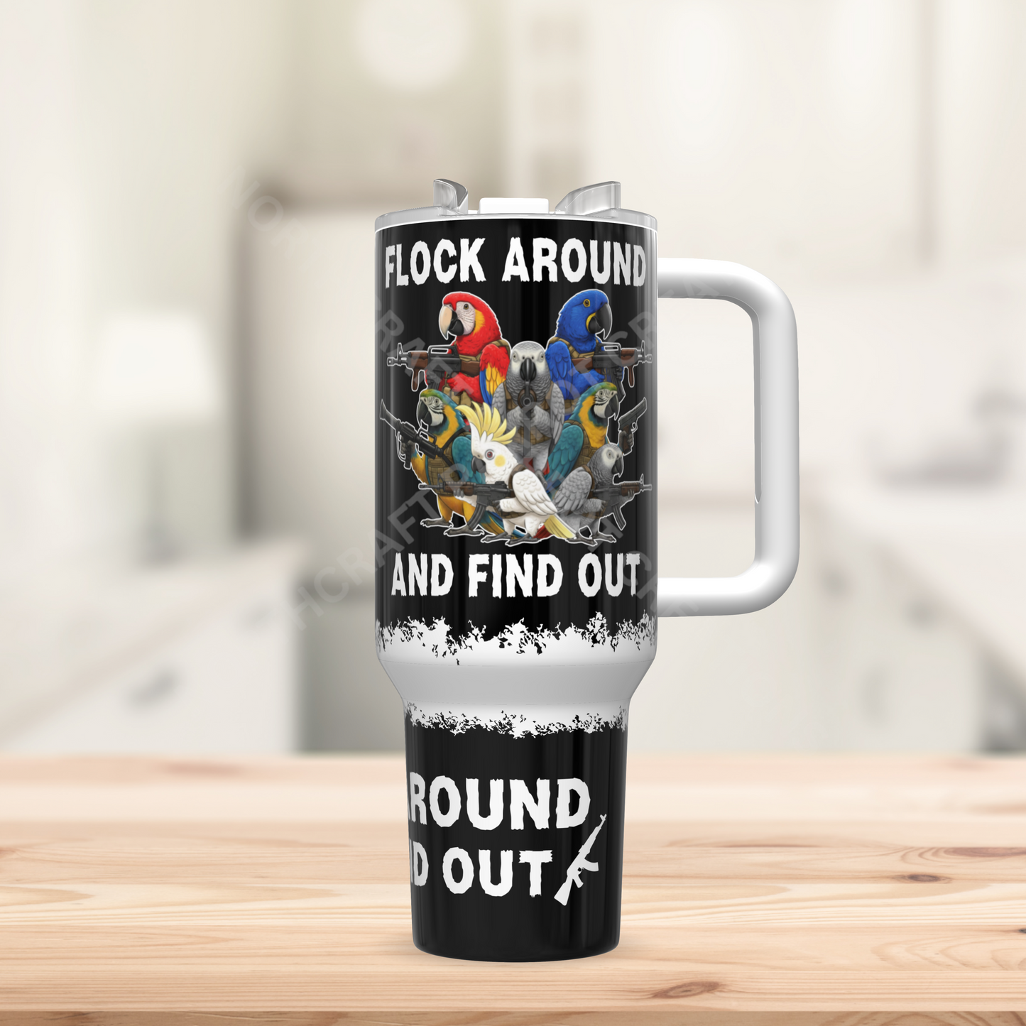 "Flock Around and Find Out" Armed Parrots Black 40oz Stainless Steel Tumbler