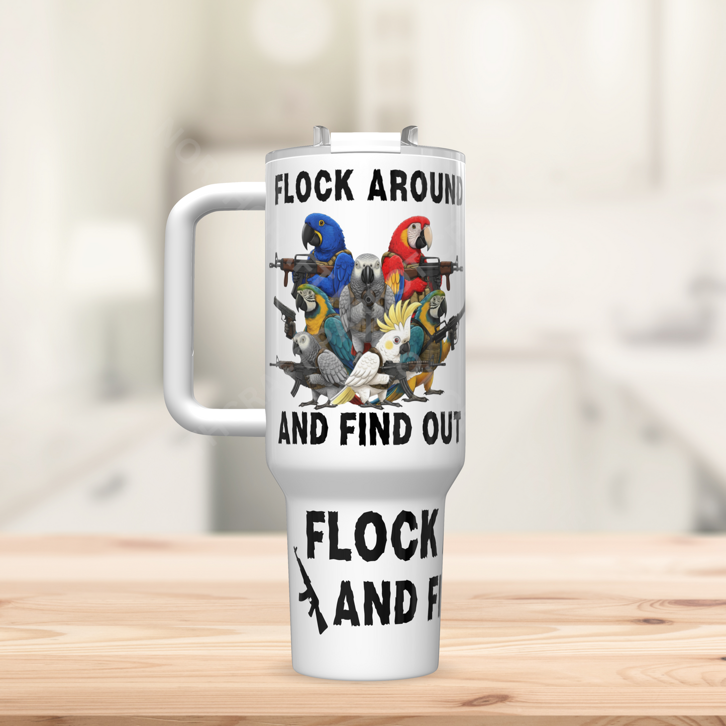"Flock Around and Find Out" Armed Parrots White 40oz Stainless Steel Tumbler