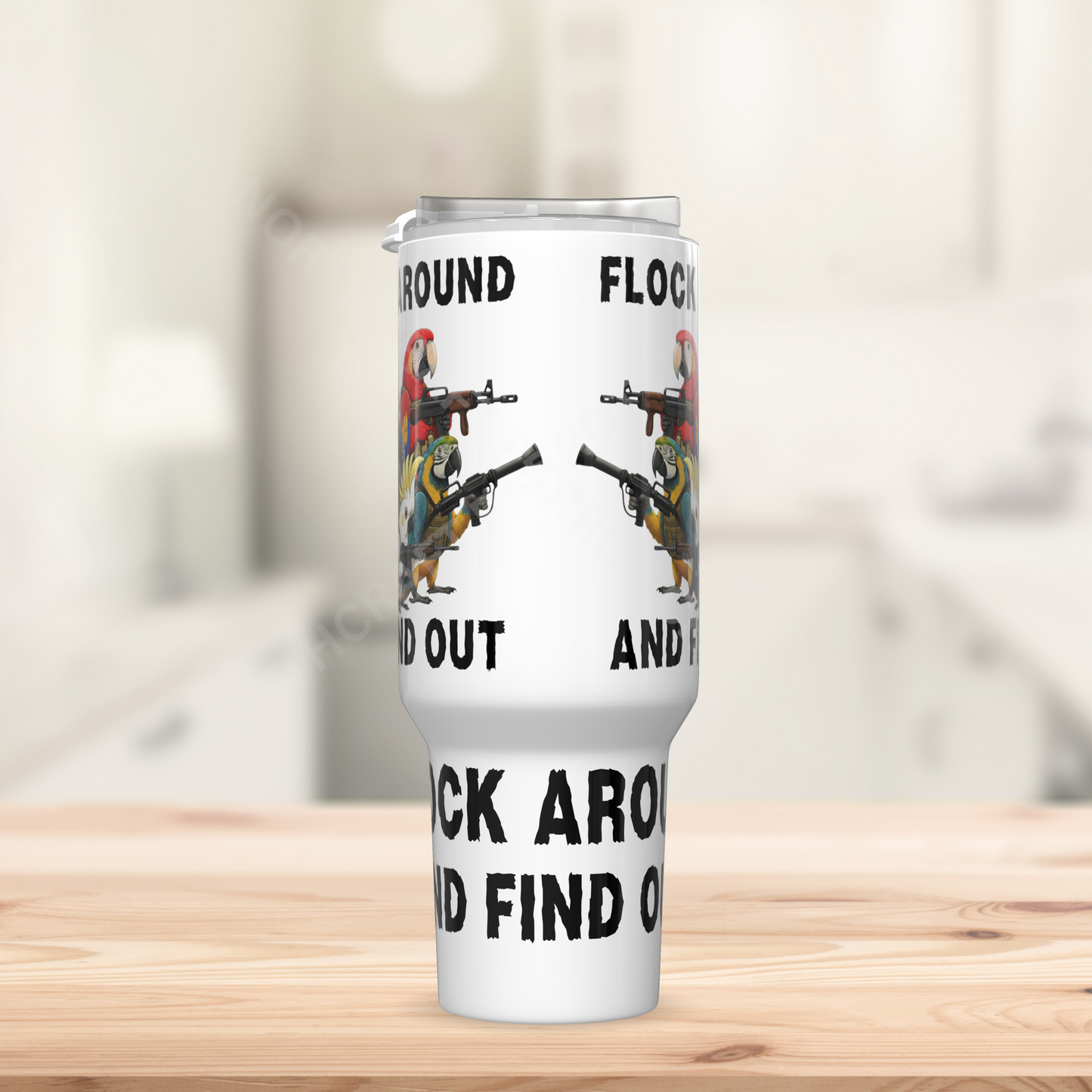 "Flock Around and Find Out" Armed Parrots White 40oz Stainless Steel Tumbler